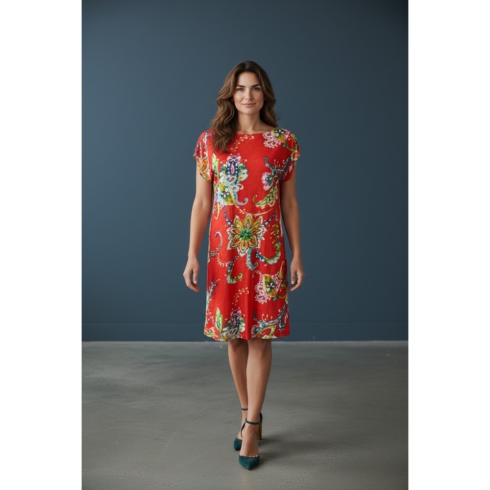 Lauren Ralph Lauren Red Paisley Print Linen‎ Blend Shift Dress Womens PM